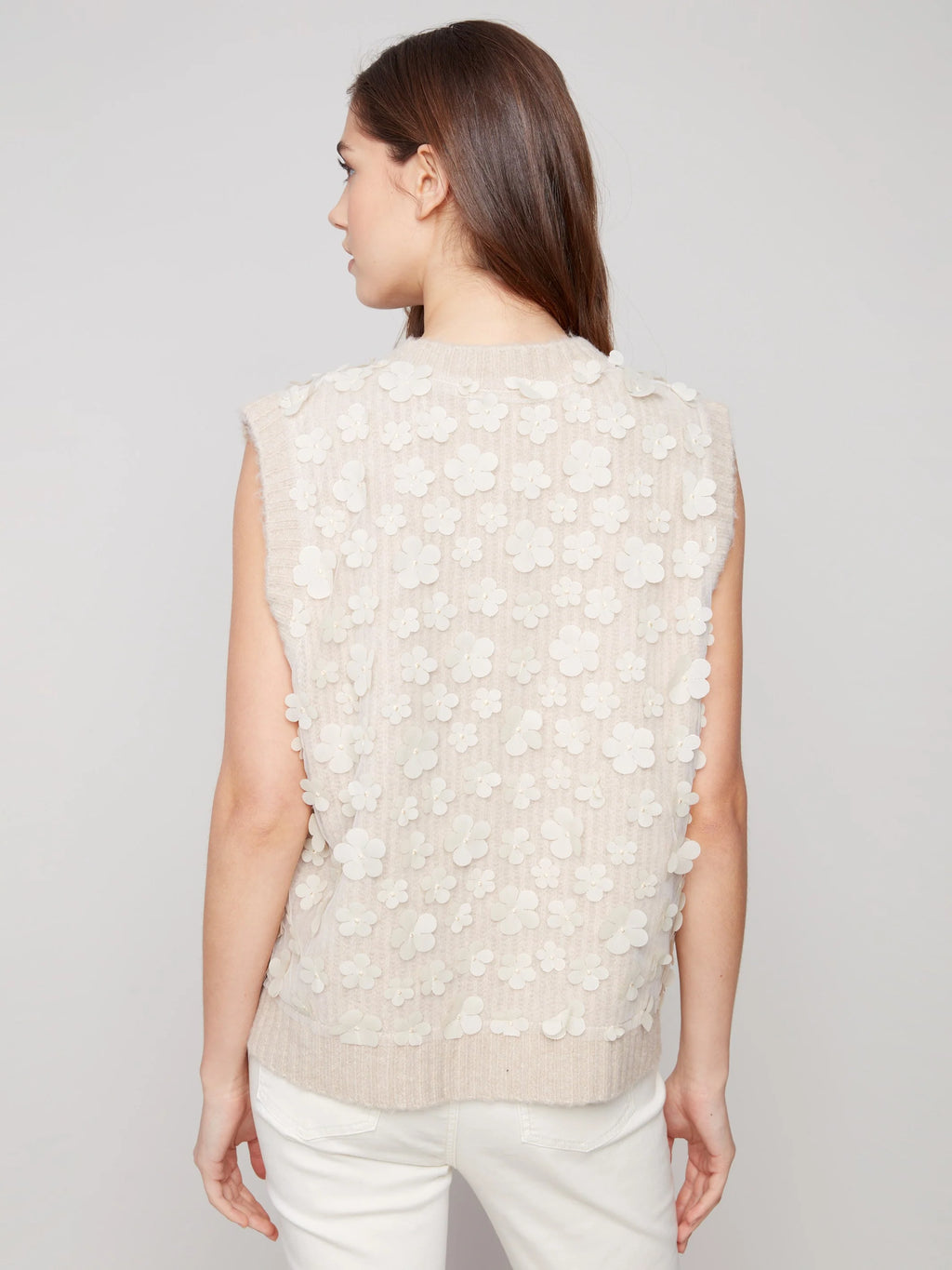 Floral Mesh V-Neck Sweater Vest - Heather Oat