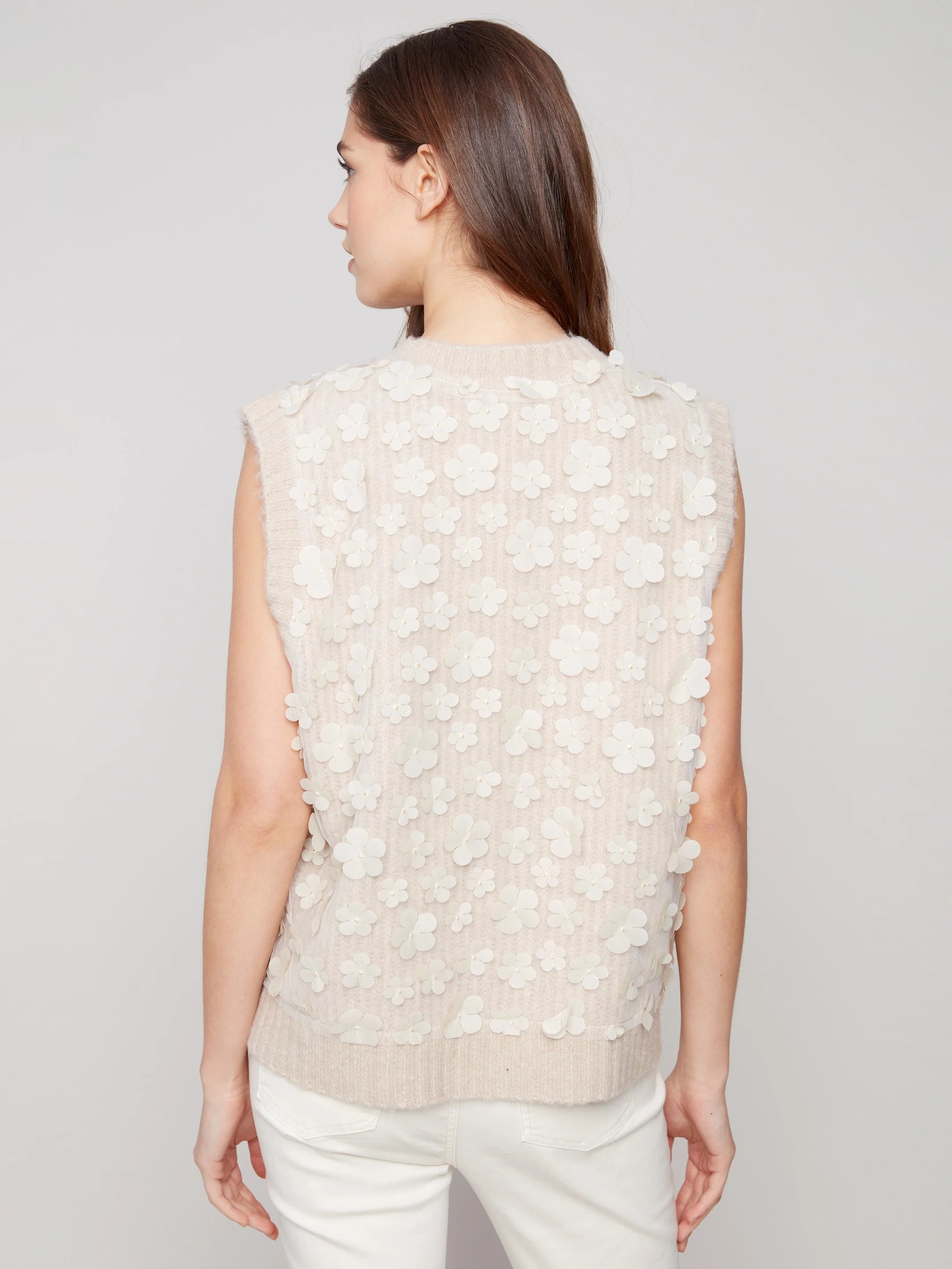 Floral Mesh V-Neck Sweater Vest - Heather Oat