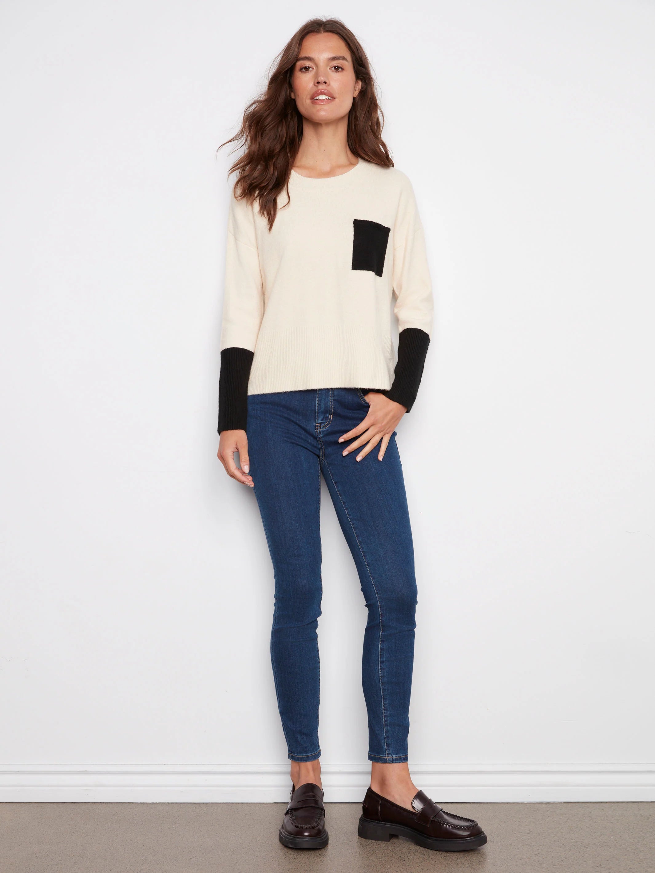 Crew Neck Sweater With Contrast Details - Ecru