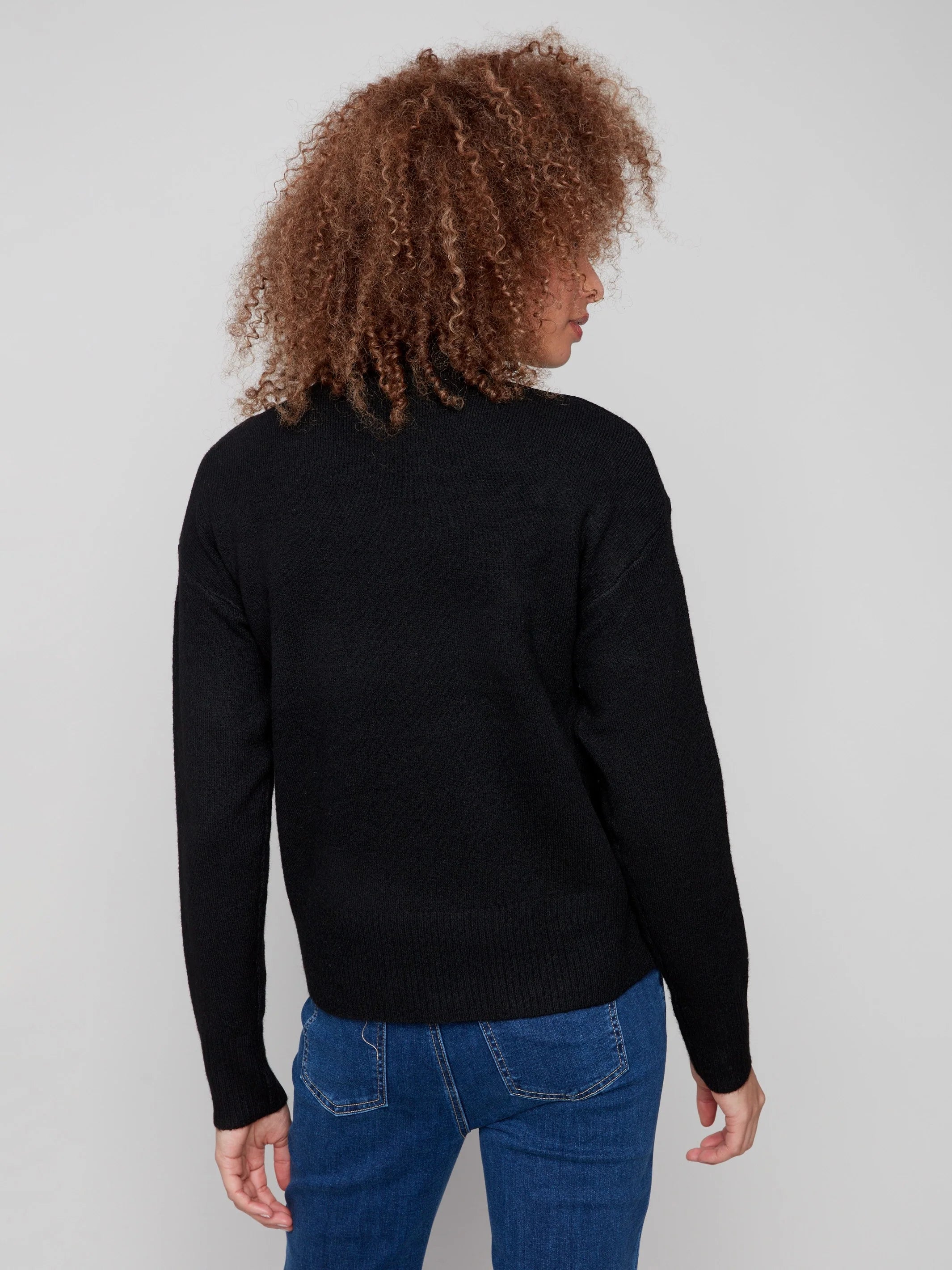 Heart Mock Neck Drop Shoulder Sweater - Black