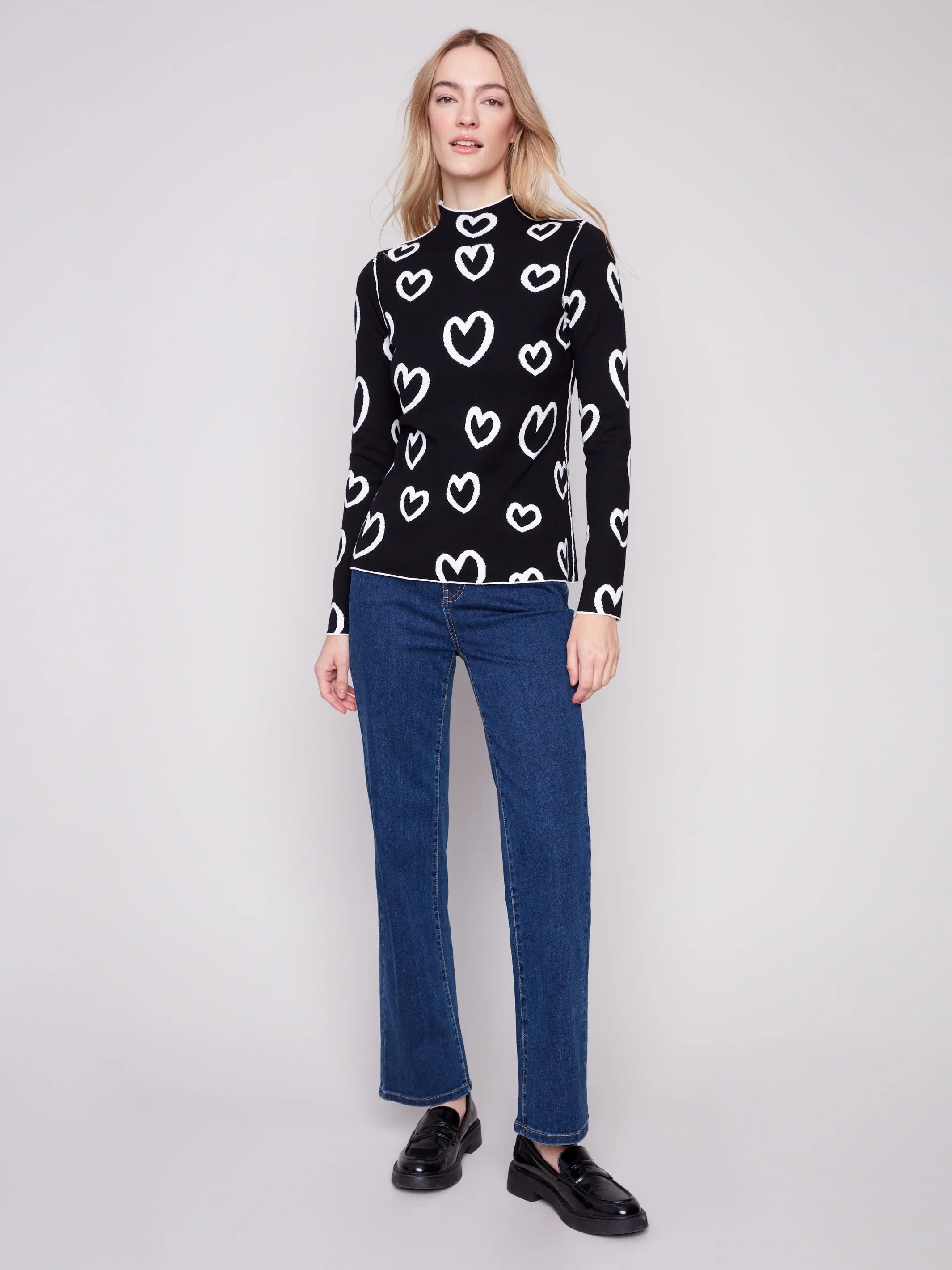 Reversible Mock Neck Sweater - Hearts