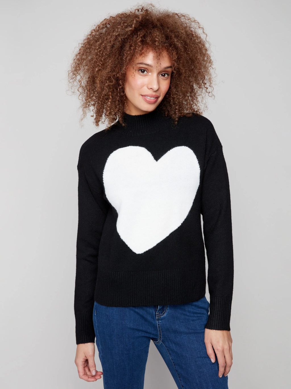 Heart Mock Neck Drop Shoulder Sweater - Black