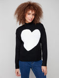 Heart Mock Neck Drop Shoulder Sweater - Black