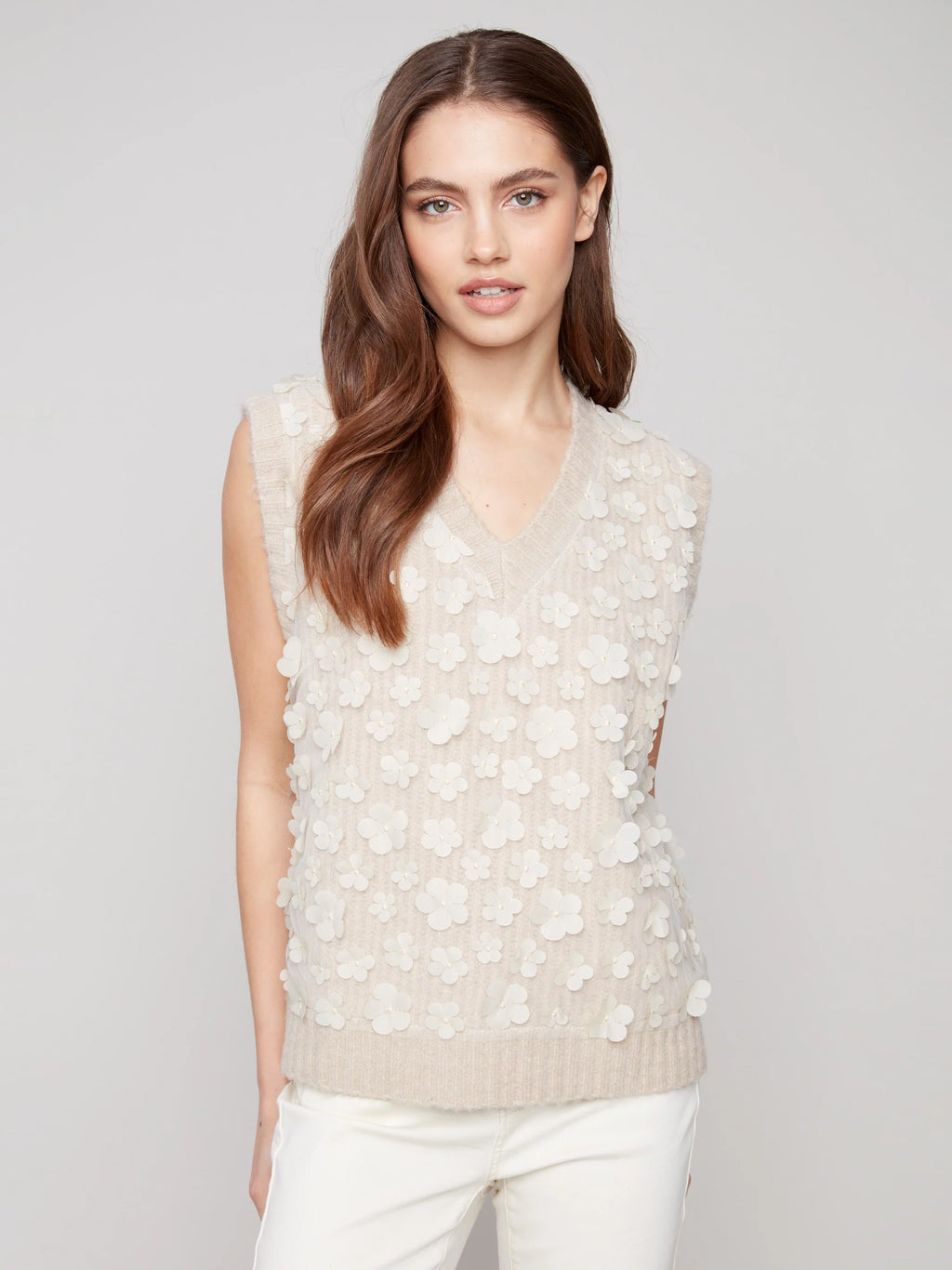Floral Mesh V-Neck Sweater Vest - Heather Oat