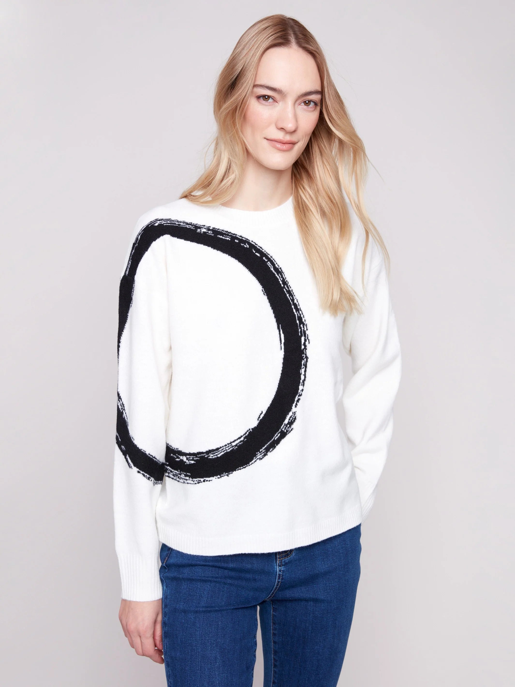 Placed Jacquard Crew Neck Sweater - Ecru