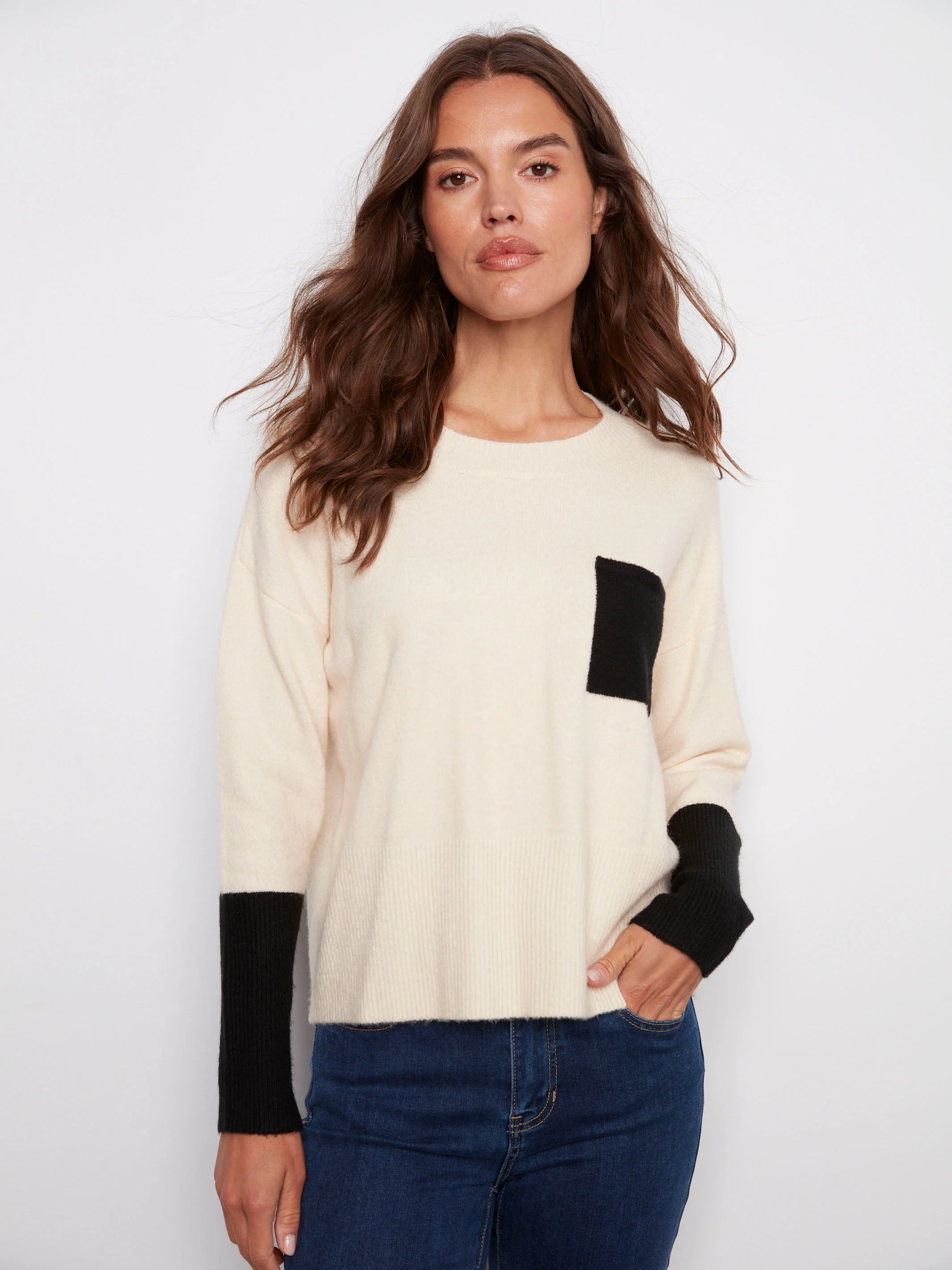 Crew Neck Sweater With Contrast Details - Ecru