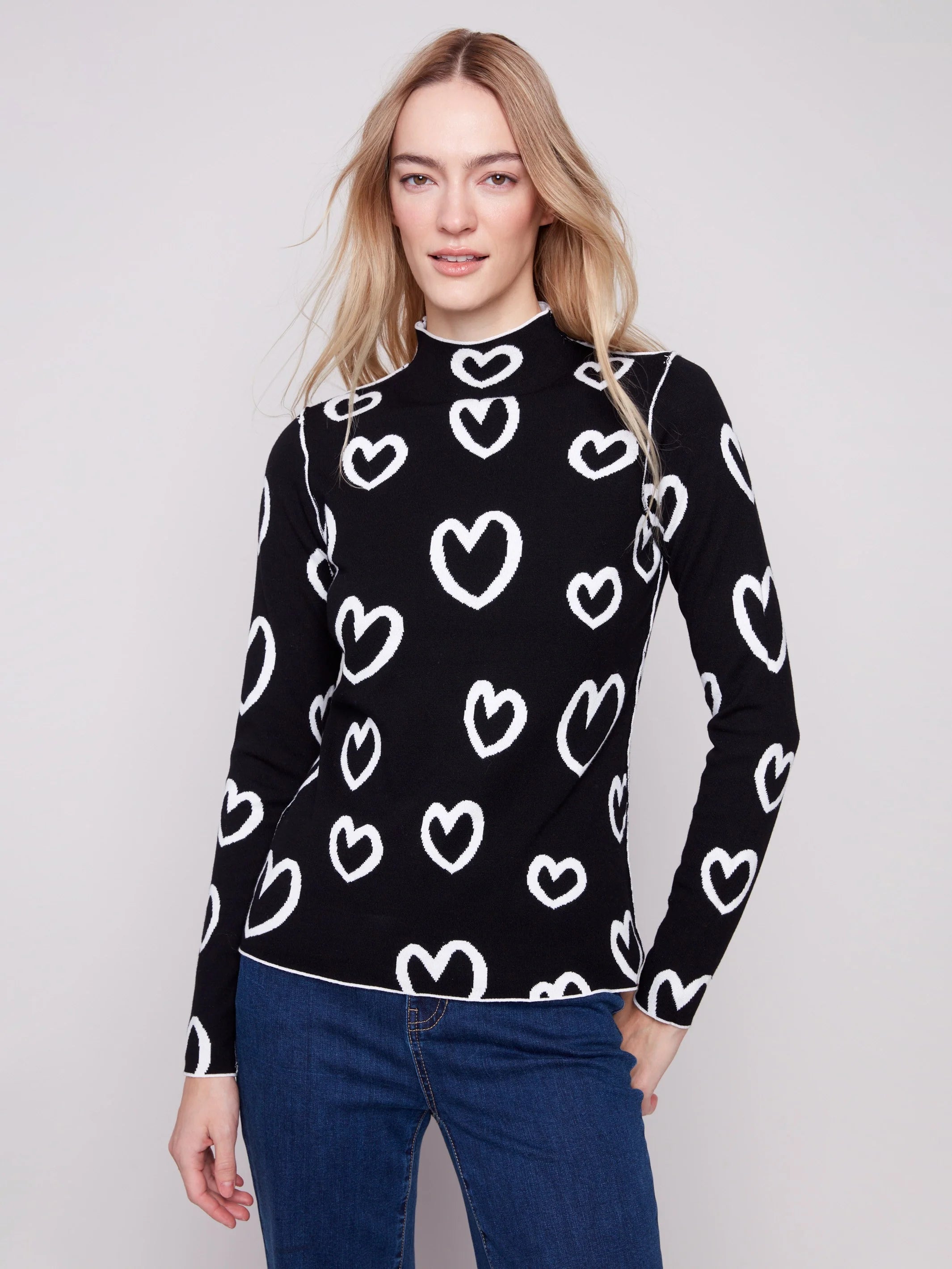 Reversible Mock Neck Sweater - Hearts