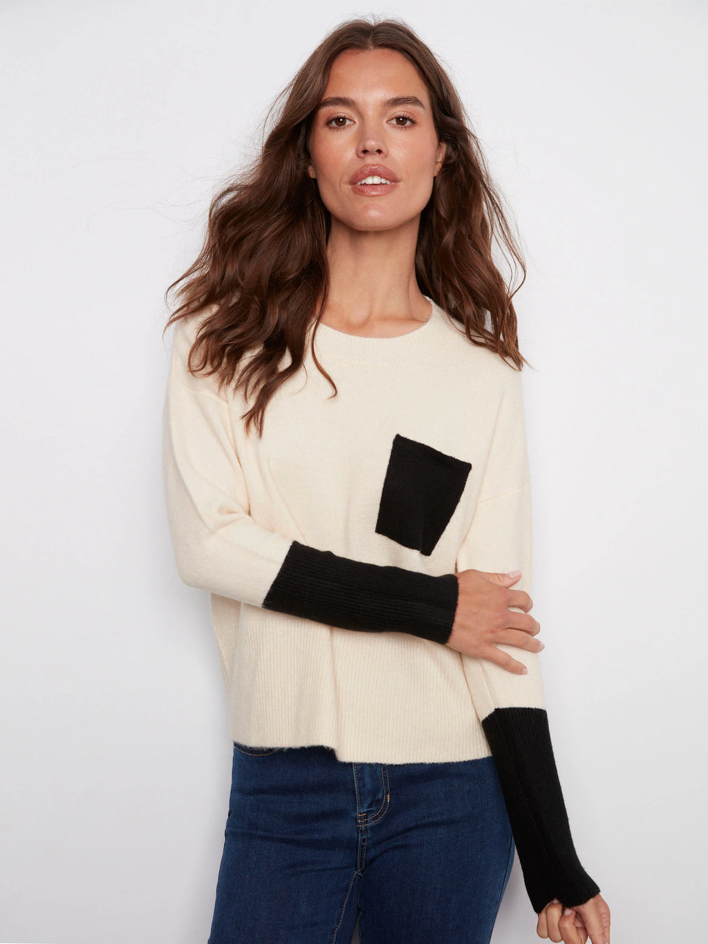Crew Neck Sweater With Contrast Details - Ecru