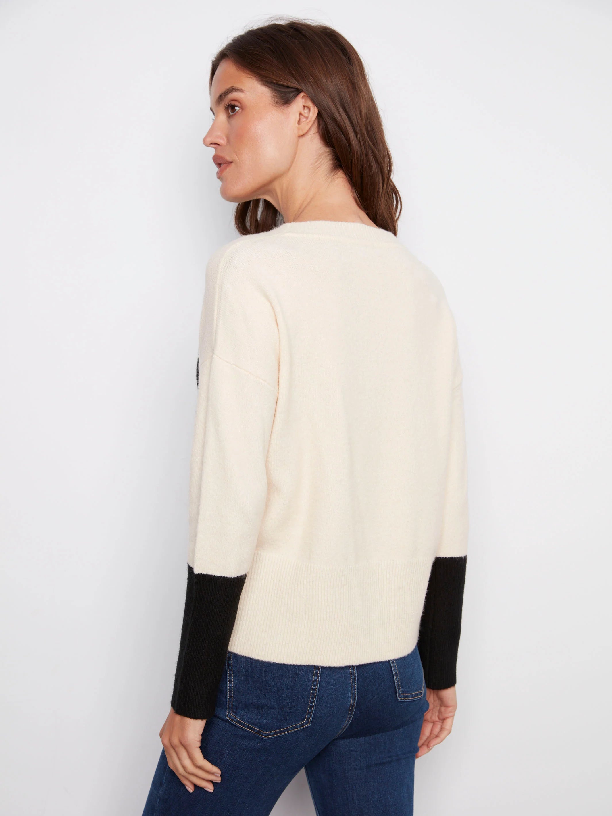 Crew Neck Sweater With Contrast Details - Ecru
