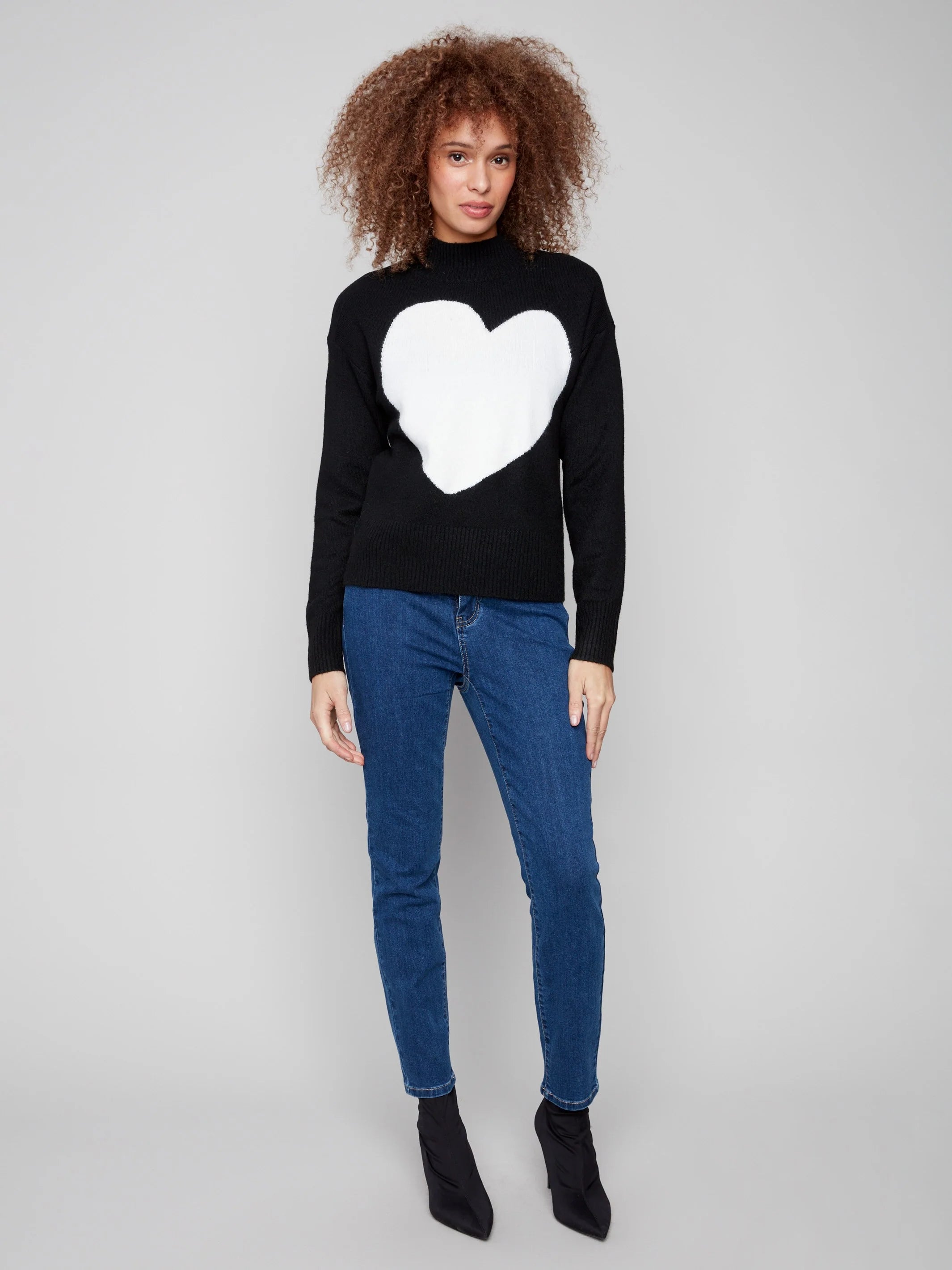 Heart Mock Neck Drop Shoulder Sweater - Black