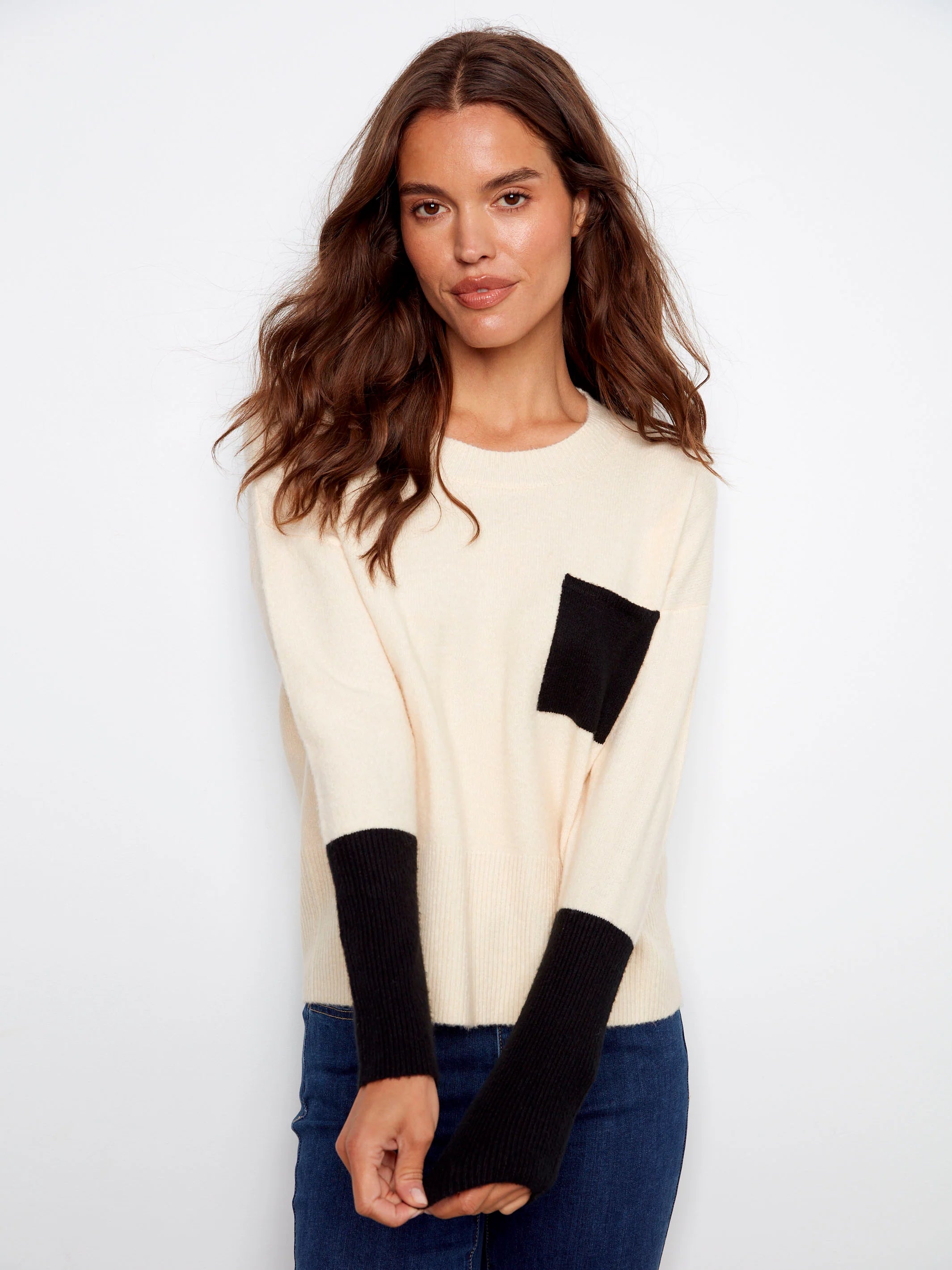 Crew Neck Sweater With Contrast Details - Ecru