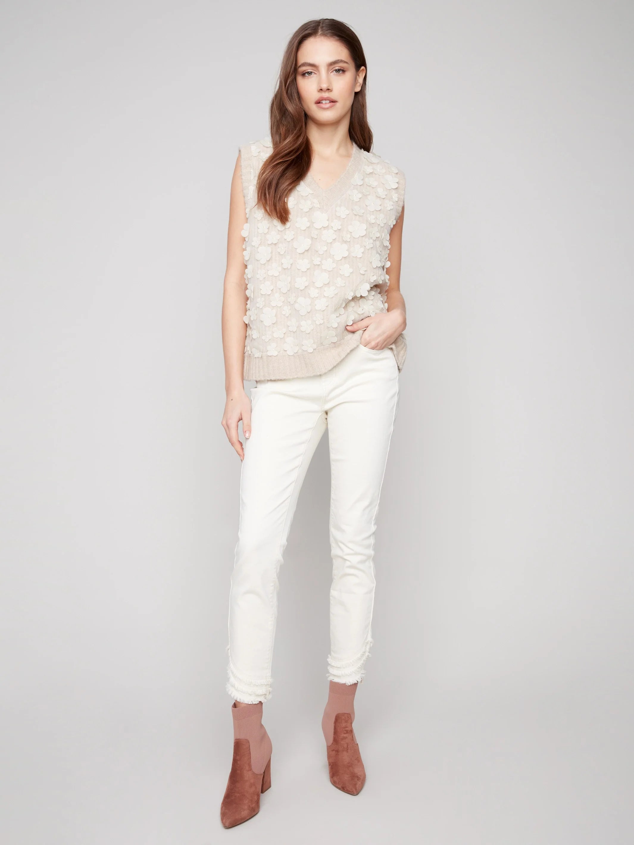 Floral Mesh V-Neck Sweater Vest - Heather Oat