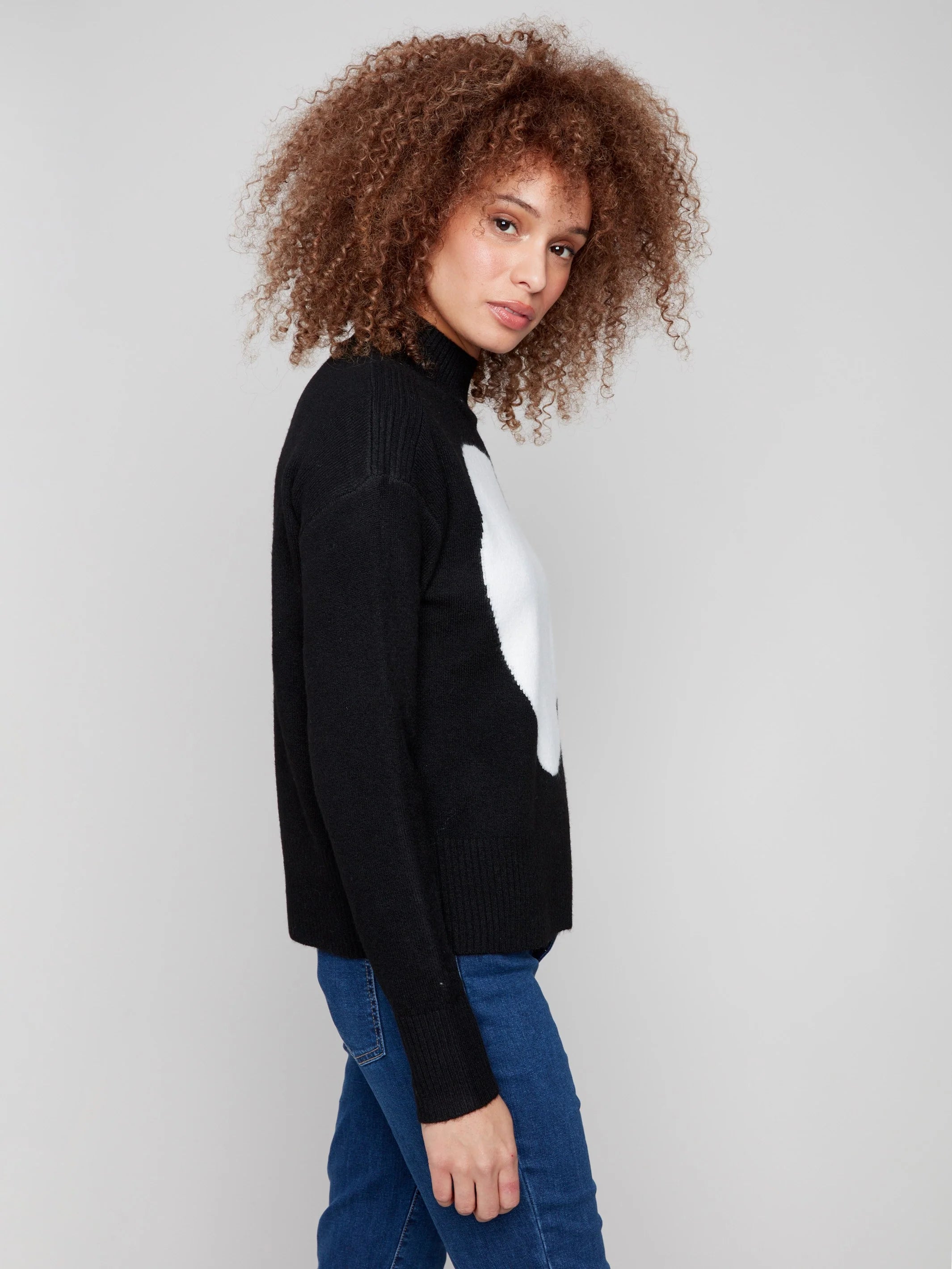 Heart Mock Neck Drop Shoulder Sweater - Black