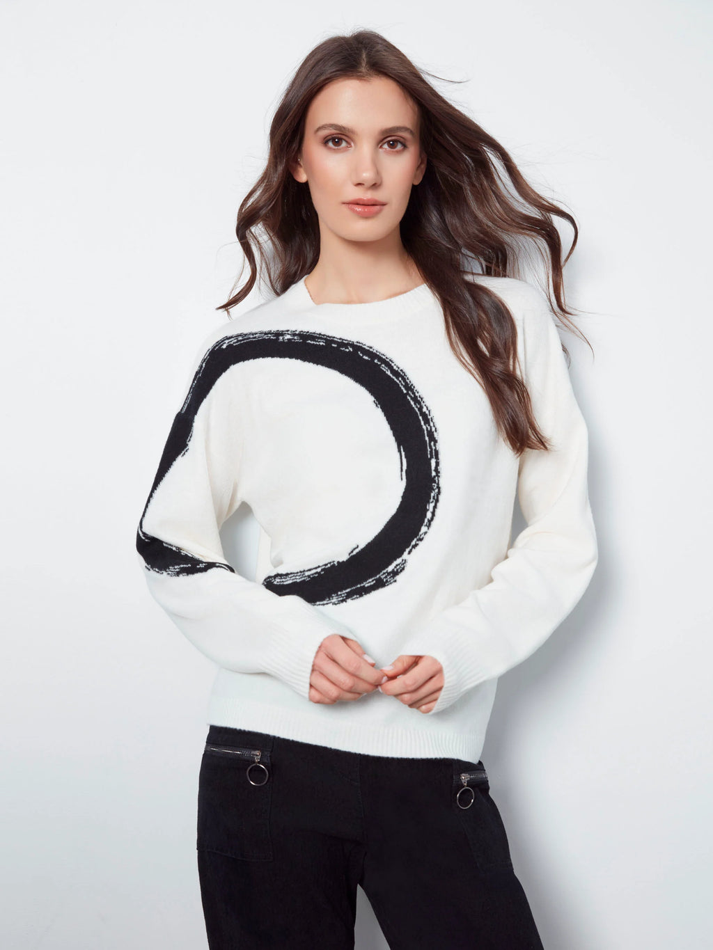 Placed Jacquard Crew Neck Sweater - Ecru